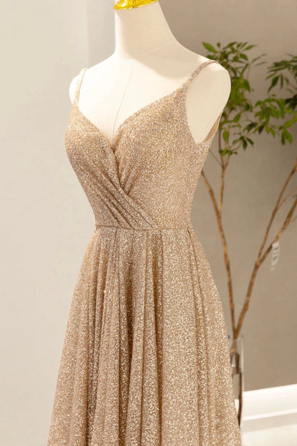 Gold V-Neck Sequins Prom Dress