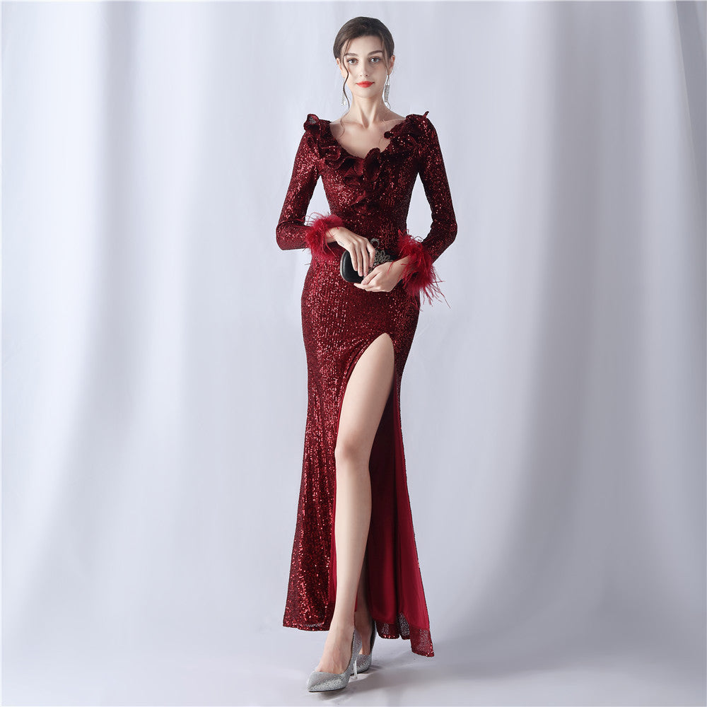 Ostrich Wave Beaded Formal Dress