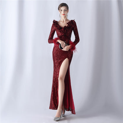 Ostrich Wave Beaded Formal Dress