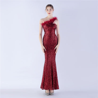 Ostrich Fur One-Shoulder Slant Neck Beaded Maxi Formal Dress