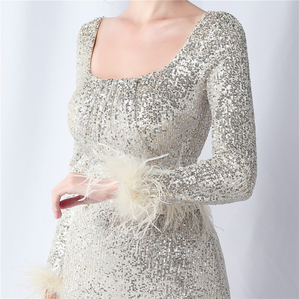 Ostrich Fur Long Sleeve Formal Dress