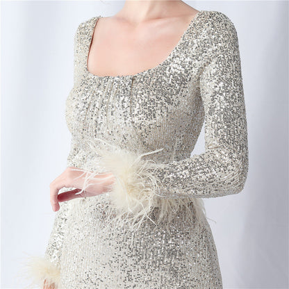 Ostrich Fur Long Sleeve Formal Dress