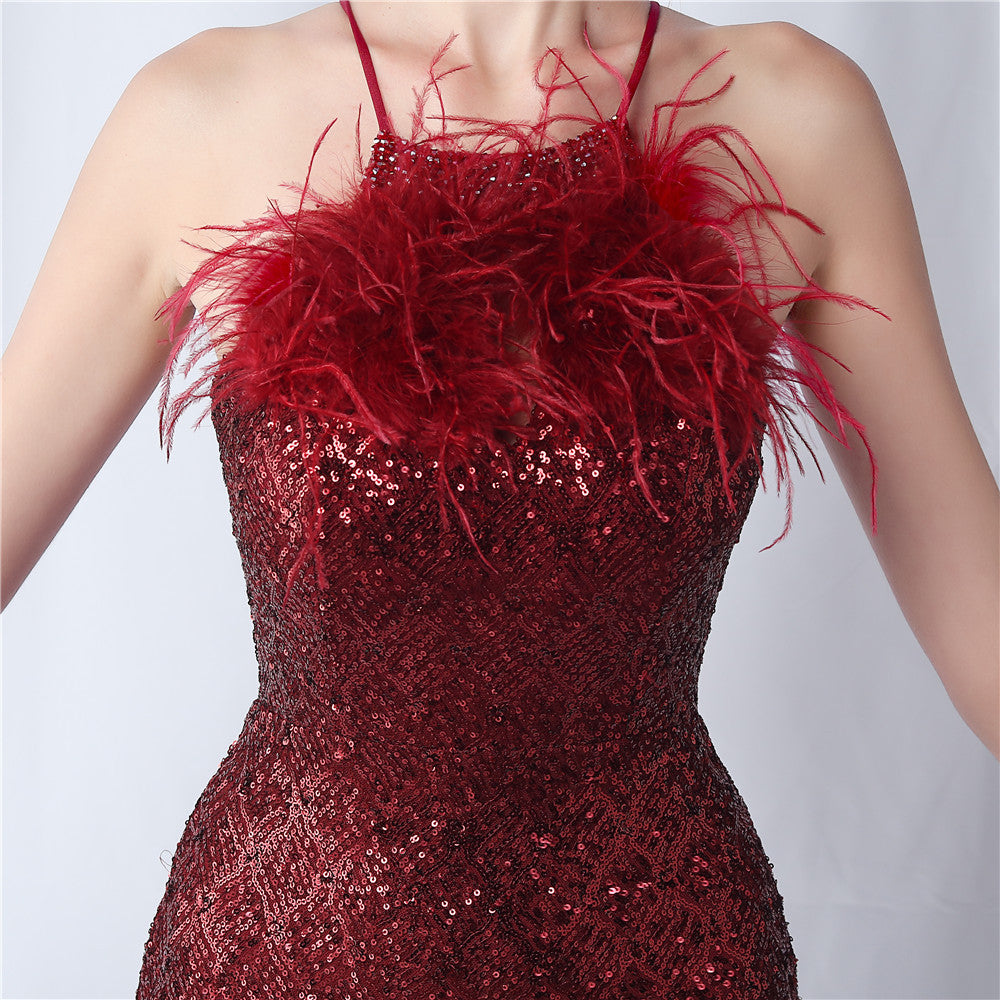 Camel hair and lattice beaded formal dresses