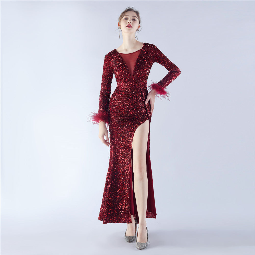 Ostrich Fur Long Sleeve Formal Dress