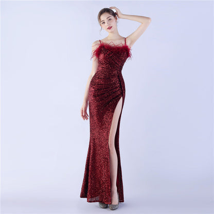 Ostrich Beaded Side Split Formal Dress