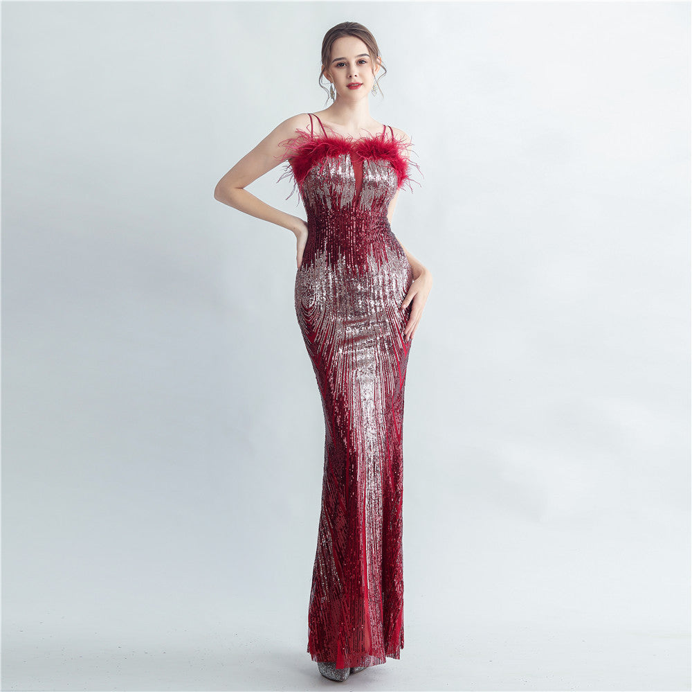 Ostrich Fur Halter Formal Dress
