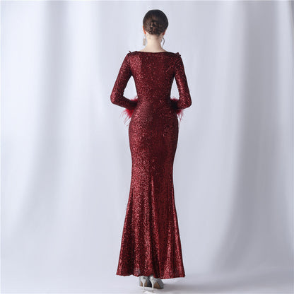 Ostrich Wave Beaded Formal Dress