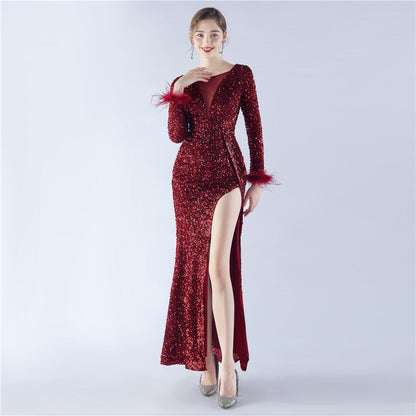 Ostrich Fur Long Sleeve Formal Dress