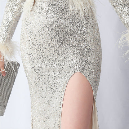 Ostrich Fur Long Sleeve Formal Dress