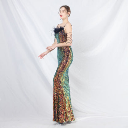 Ostrich Fur Illusion Beaded Formal Dress
