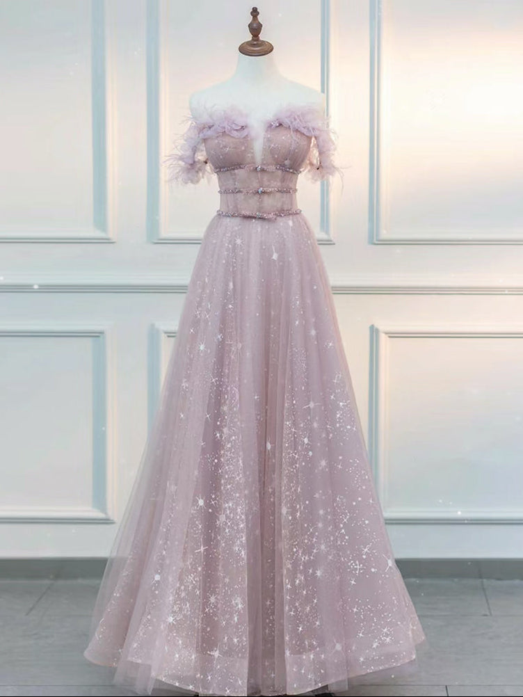 Embellished A-Line  Off Shoulder Tulle Lace Pink Dress