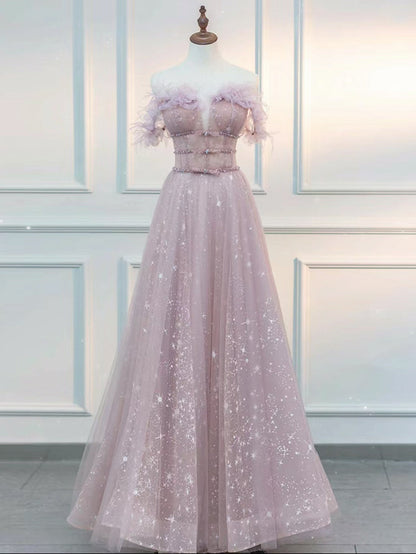 Embellished A-Line  Off Shoulder Tulle Lace Pink Dress