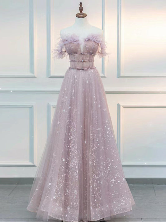 Embellished A-Line  Off Shoulder Tulle Lace Pink Dress