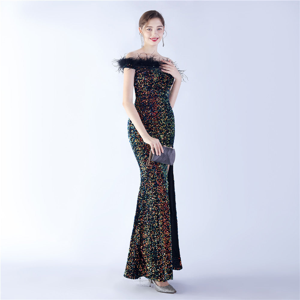 Fur One Shoulder Formal Dress