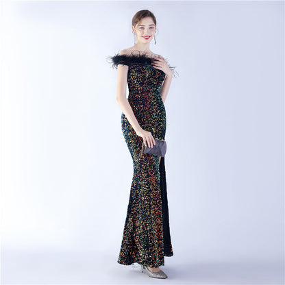 Fur One Shoulder Formal Dress