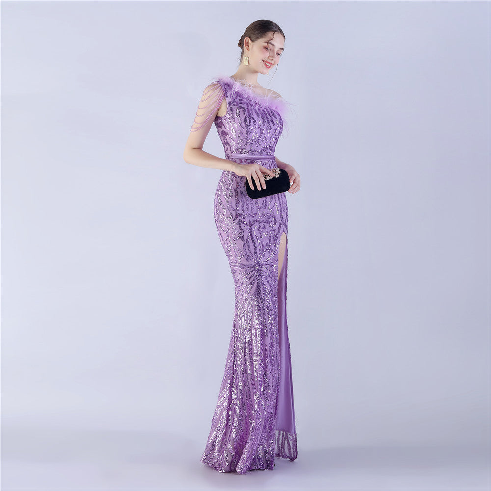 Fur Slant Neck One Shoulder Formal Dress