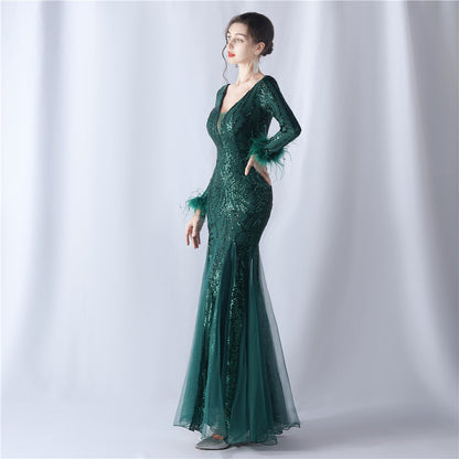 Ostrich Fur Mesh Beaded Formal Dresses