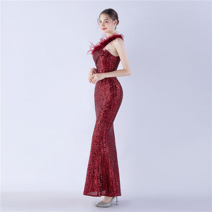 Ostrich Fur One-Shoulder Slant Neck Beaded Maxi Formal Dress