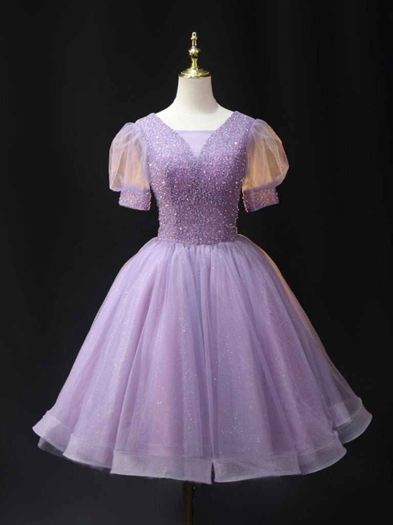 Purple V Neck Tulle Beading Sequin midi Prom Dress