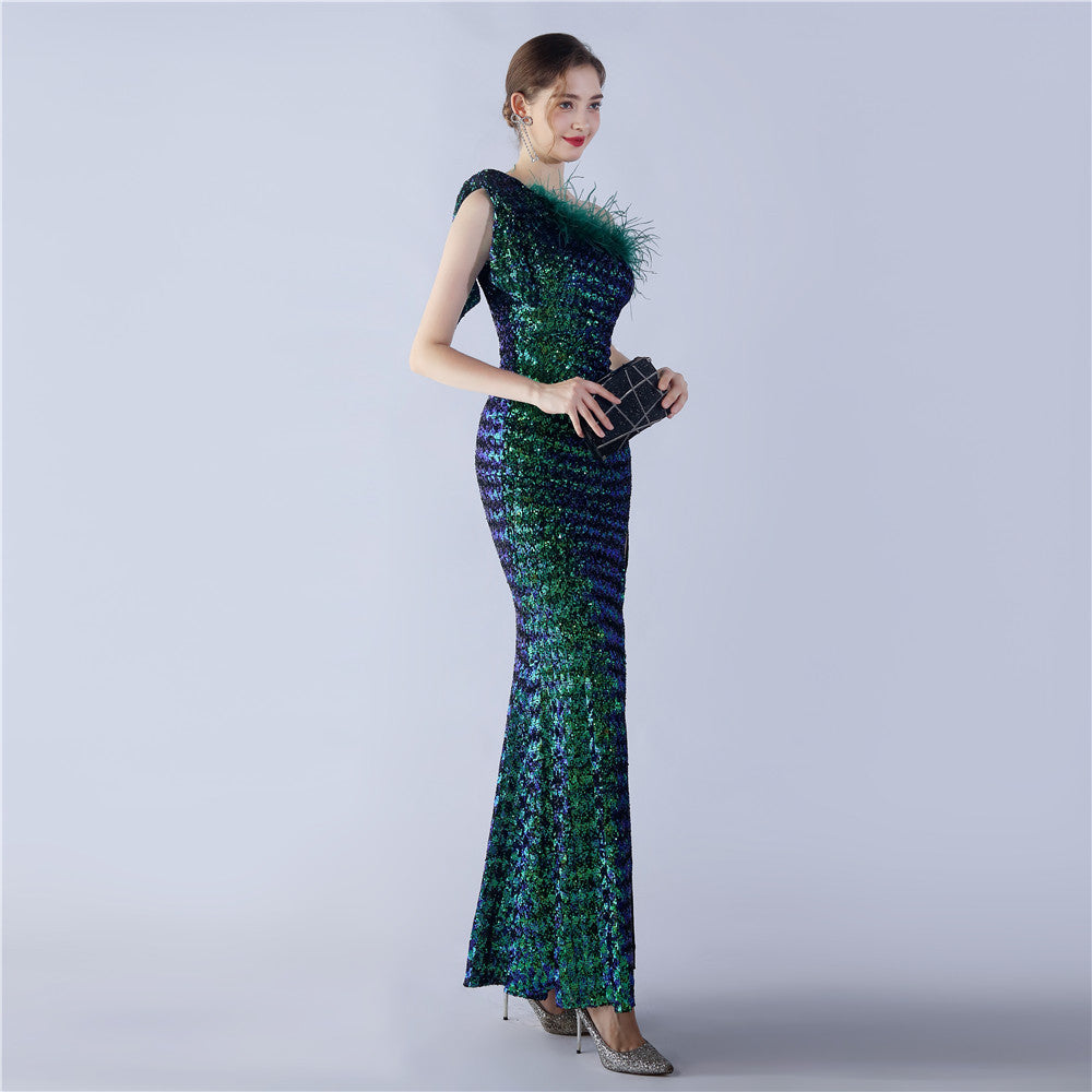 Fur Sequin One Shoulder Formal Dress