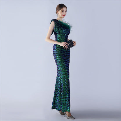 Fur Sequin One Shoulder Formal Dress