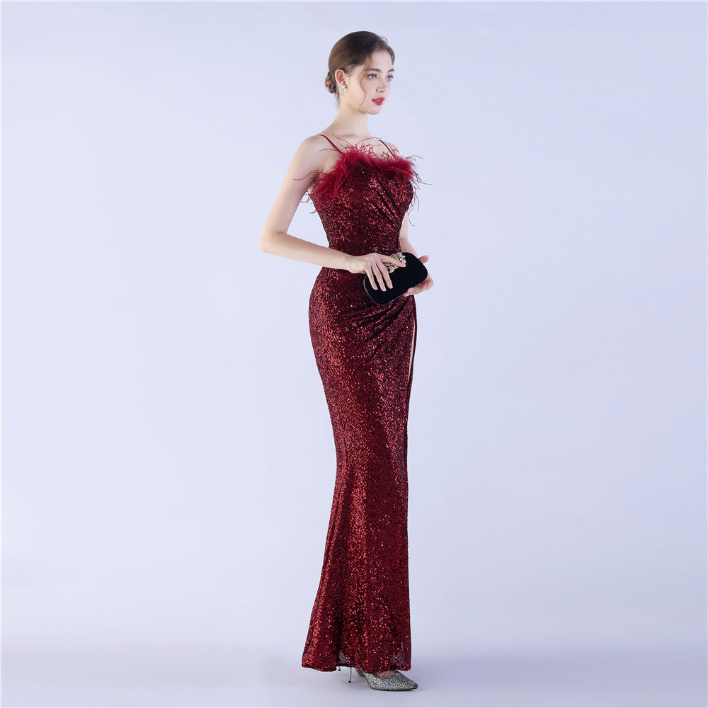 Ostrich Beaded Side Split Formal Dress