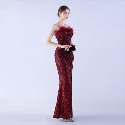 Ostrich Beaded Side Split Formal Dress