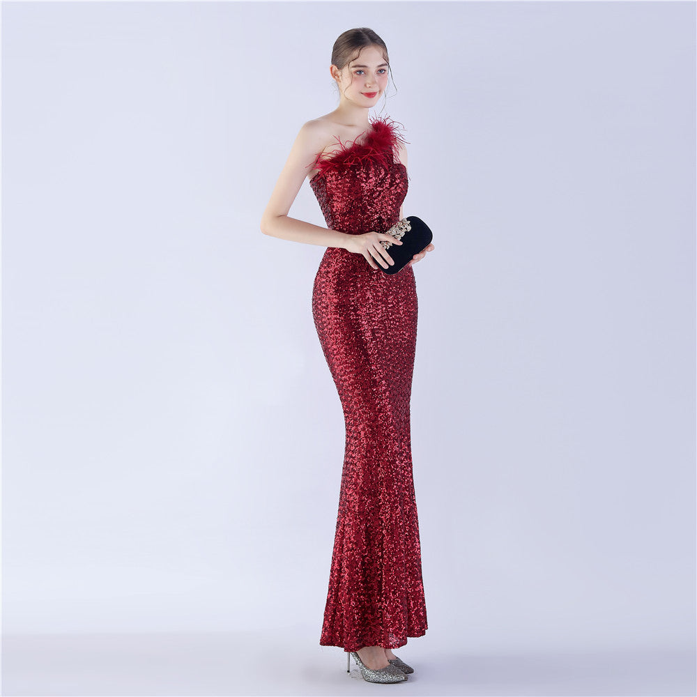 Ostrich Fur One-Shoulder Slant Neck Beaded Maxi Formal Dress