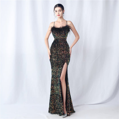 Velvet-backed hand-beaded formal dress