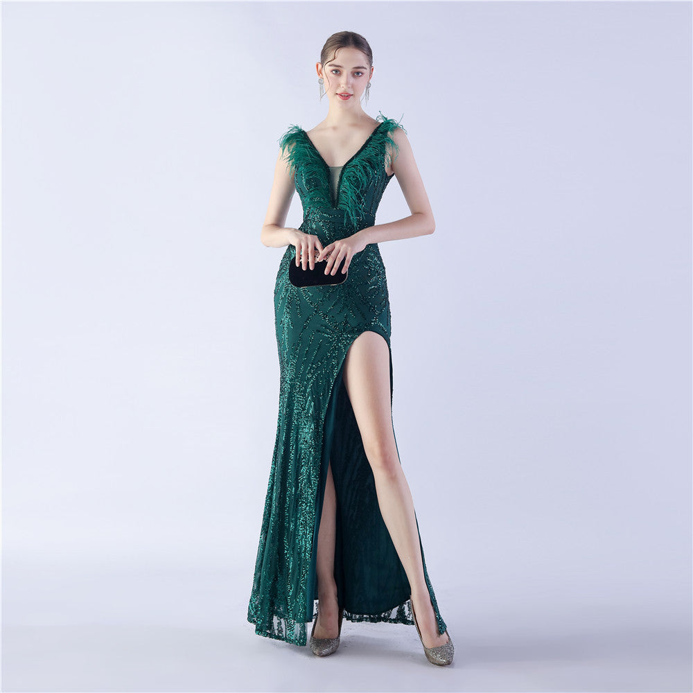 Camel Hair Side Split Formal Dress