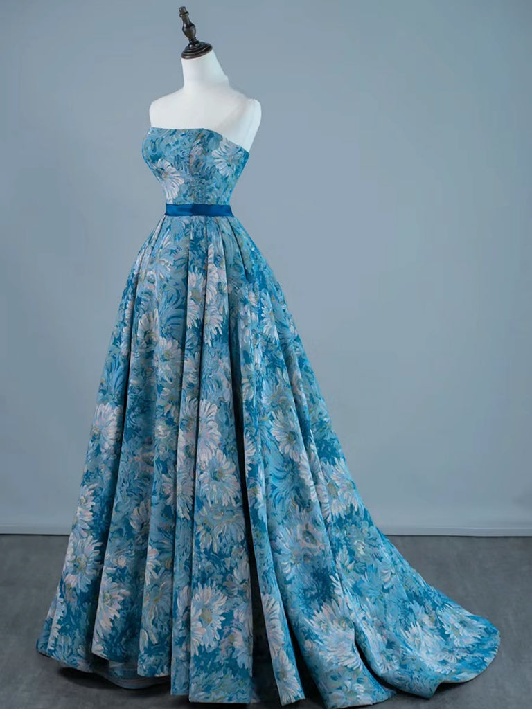 Abito da ballo lungo in raso blu a trapezio