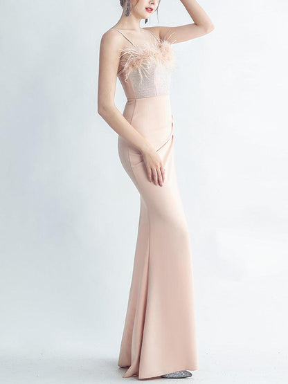 Feather Spaghetti Rhinestone Formal Dress