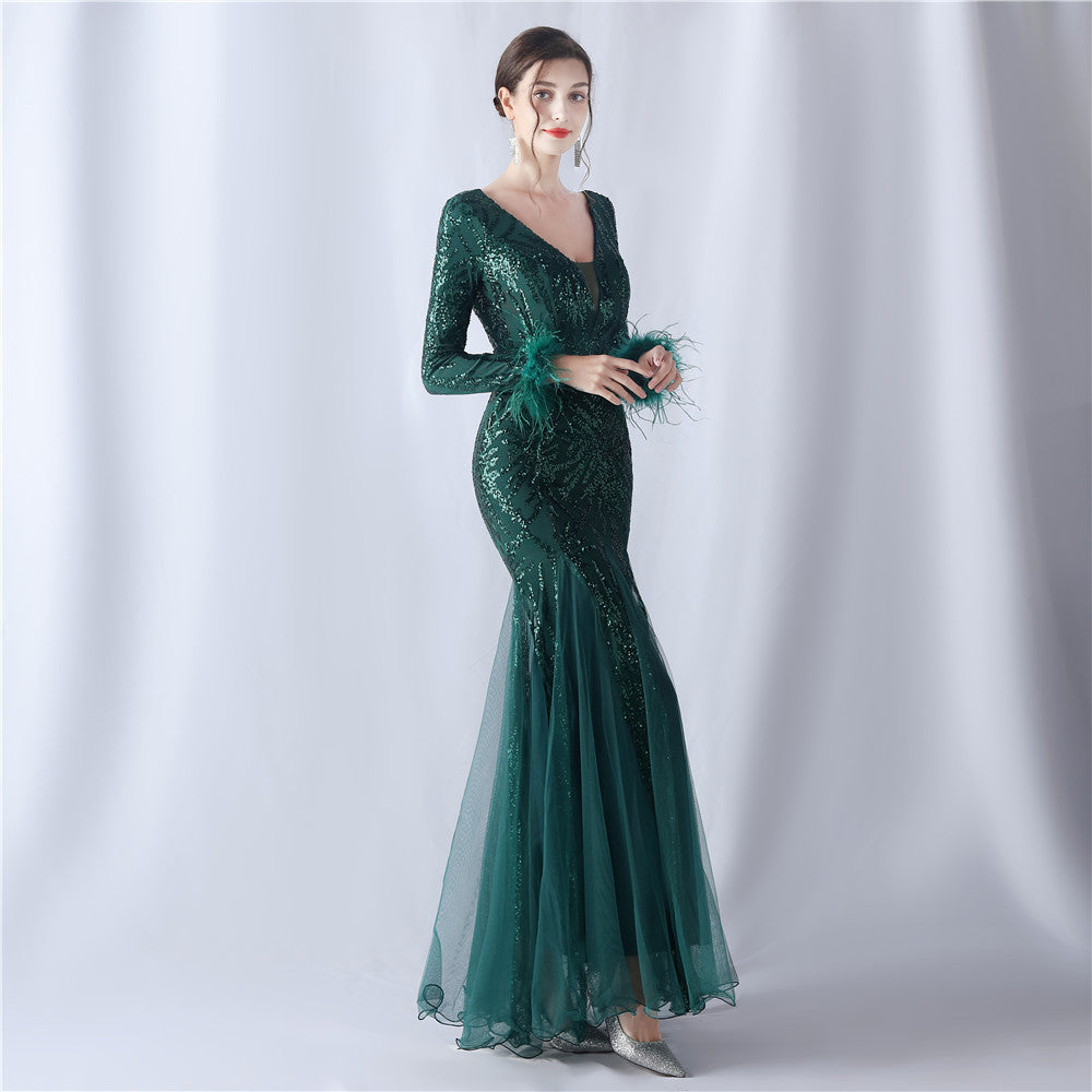 Ostrich Fur Mesh Beaded Formal Dresses