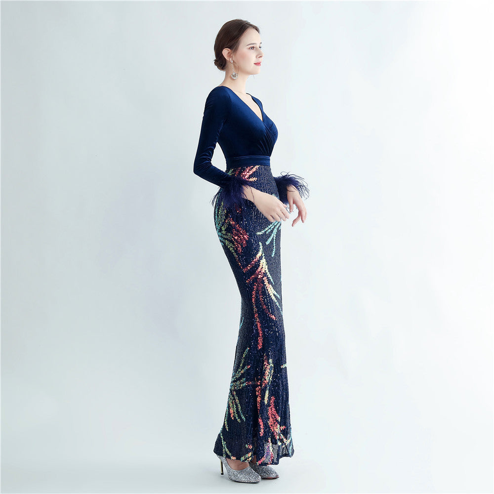 Ostrich Beaded Velvet Side Split Formal Dress