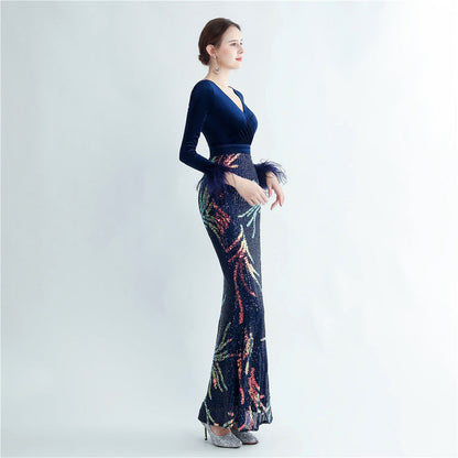 Ostrich Beaded Velvet Side Split Formal Dress