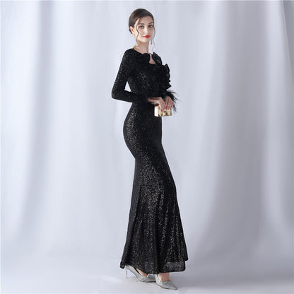 Ostrich Wave Beaded Formal Dress