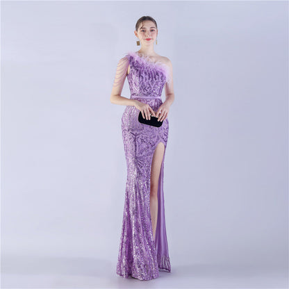 Fur Slant Neck One Shoulder Formal Dress