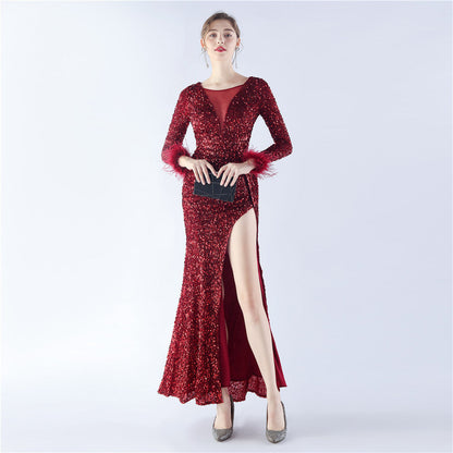 Ostrich Fur Long Sleeve Formal Dress