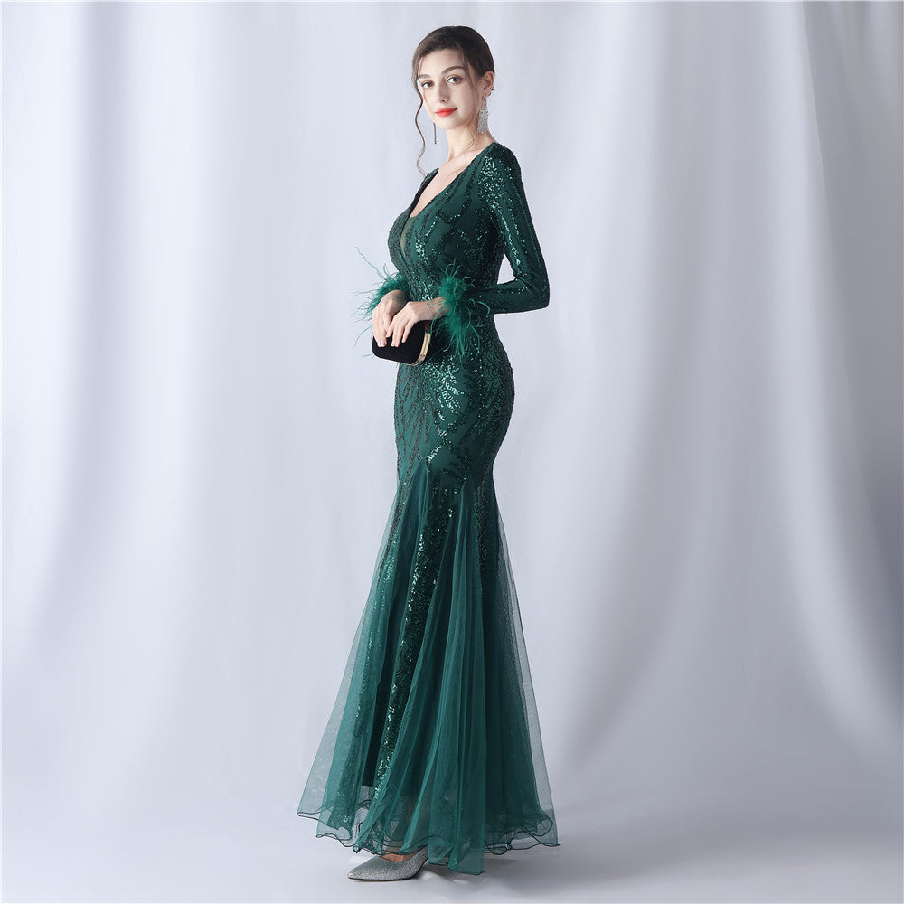 Ostrich Fur Mesh Beaded Formal Dresses
