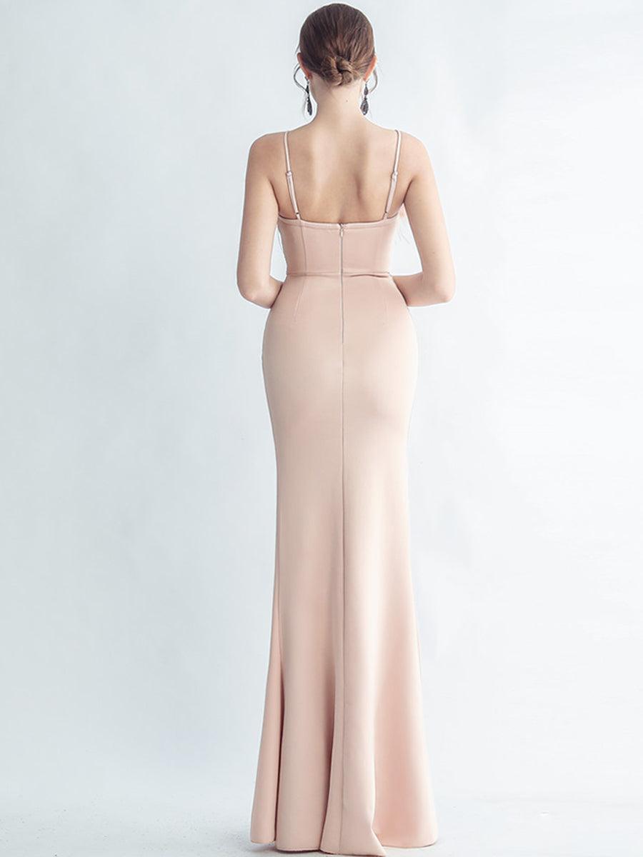 Feather Spaghetti Rhinestone Formal Dress