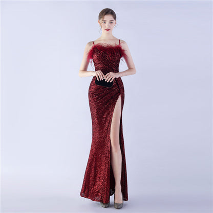 Ostrich Beaded Side Split Formal Dress