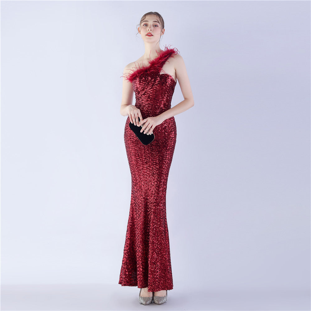 Ostrich Fur One-Shoulder Slant Neck Beaded Maxi Formal Dress