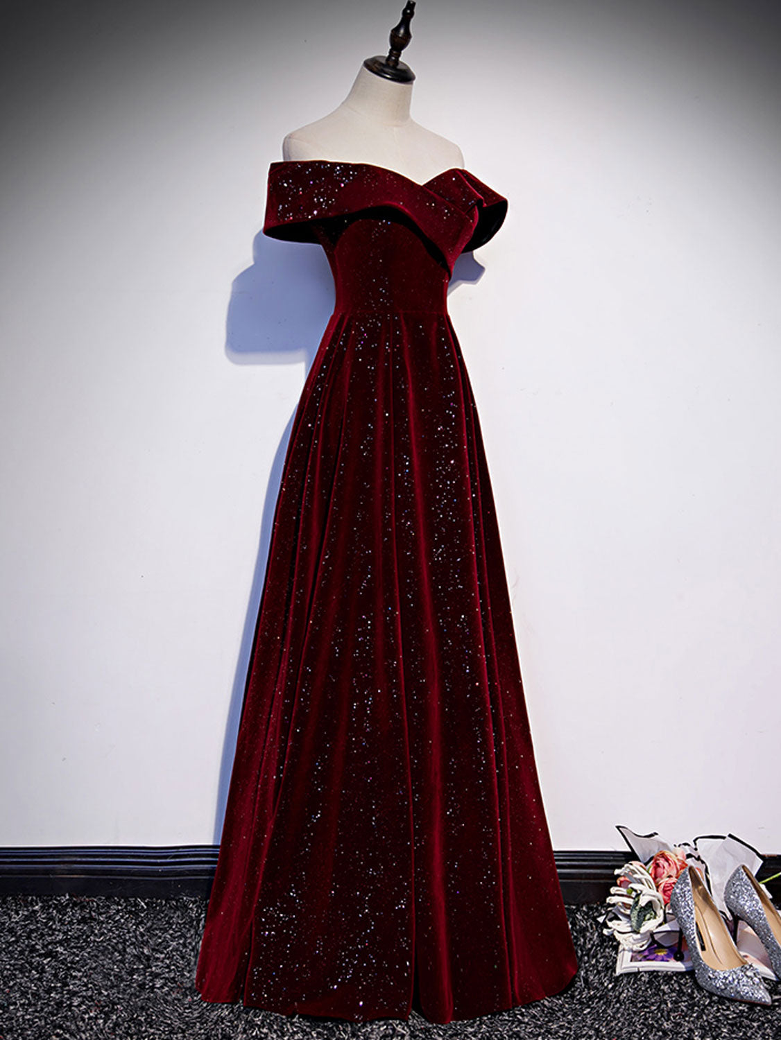 A-Line Off Shoulder V Neck Velvet Burgundy Prom Dress