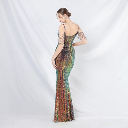 Ostrich Fur Illusion Beaded Formal Dress
