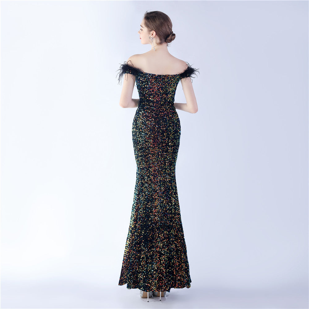 Fur One Shoulder Formal Dress