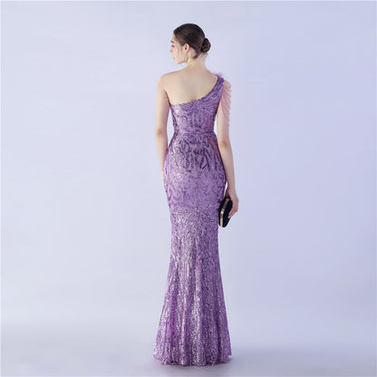 Fur Slant Neck One Shoulder Formal Dress