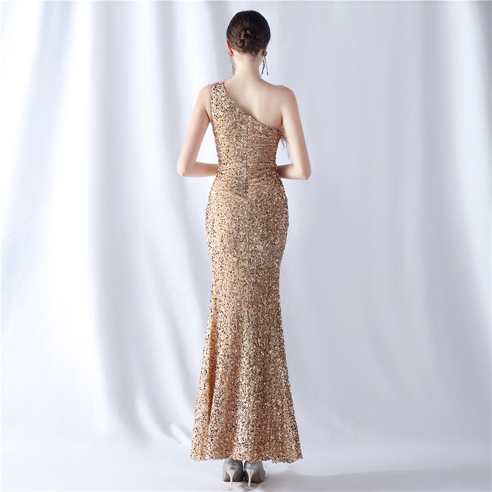 Ostrich Velvet Bottom One Shoulder Formal Dress