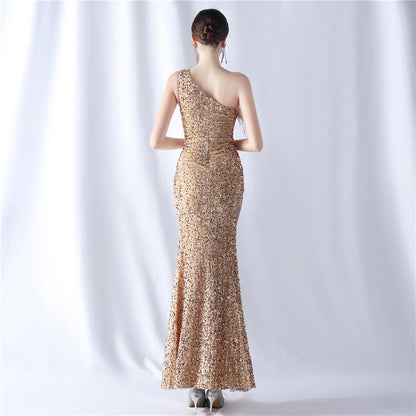 Ostrich Velvet Bottom One Shoulder Formal Dress