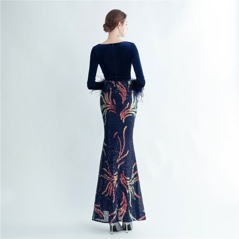 Ostrich Beaded Velvet Side Split Formal Dress