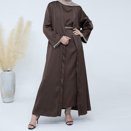 4pcs Set Cardigan+without  Sleeves Inner Dress+Crystal Chain+Hijab